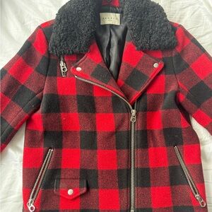 Sandro Women's Red and Black Plaid Jacket with Shearling Collar - Size 38
